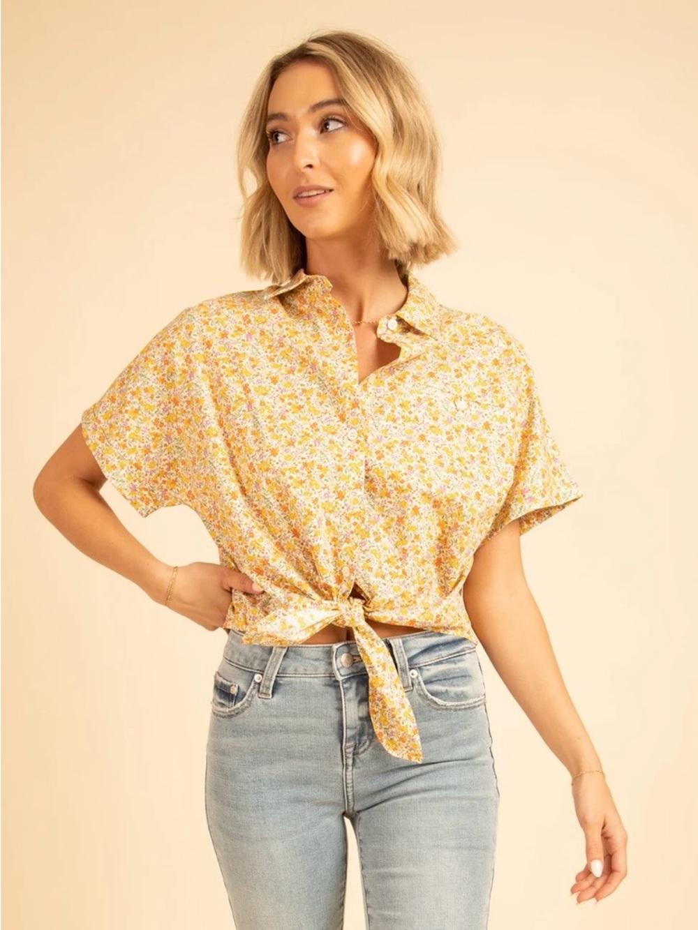 FRNCH Paris Top Crop Tie Front Flower Blouse XS Yellow Floral